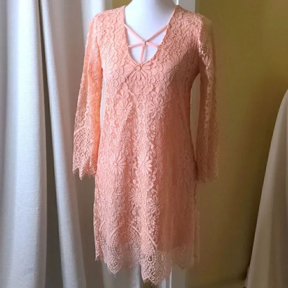 Altar'd State Small Pink Lace Dress with Fringe and Back Detail, NEW